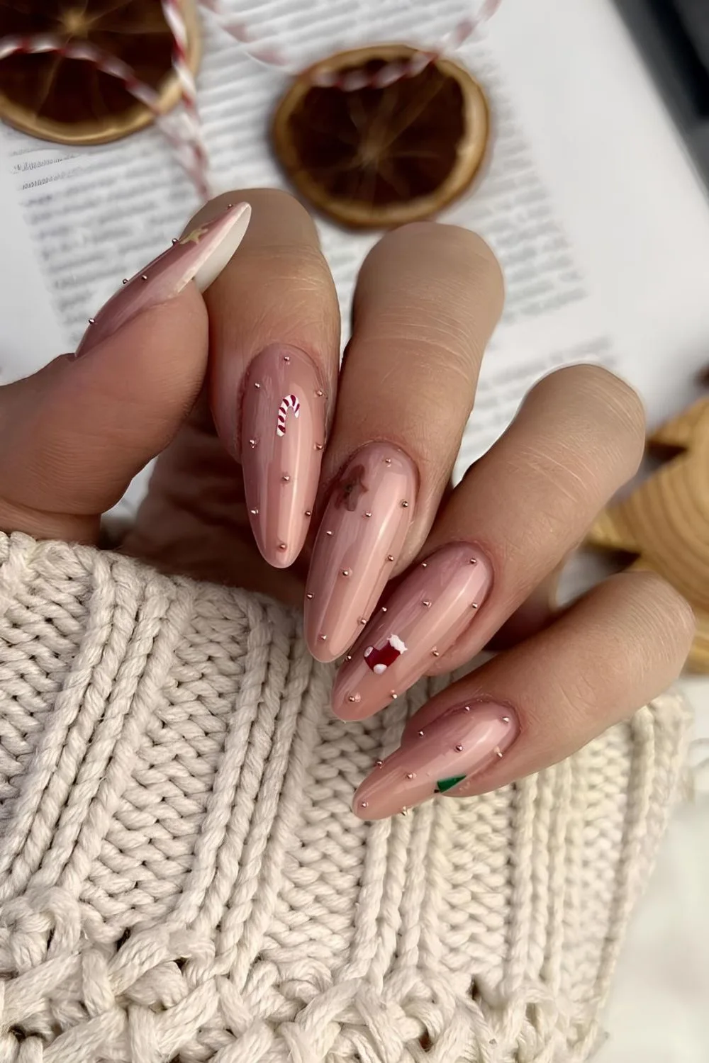 Nude nails with gold pearl and gingerbread accents