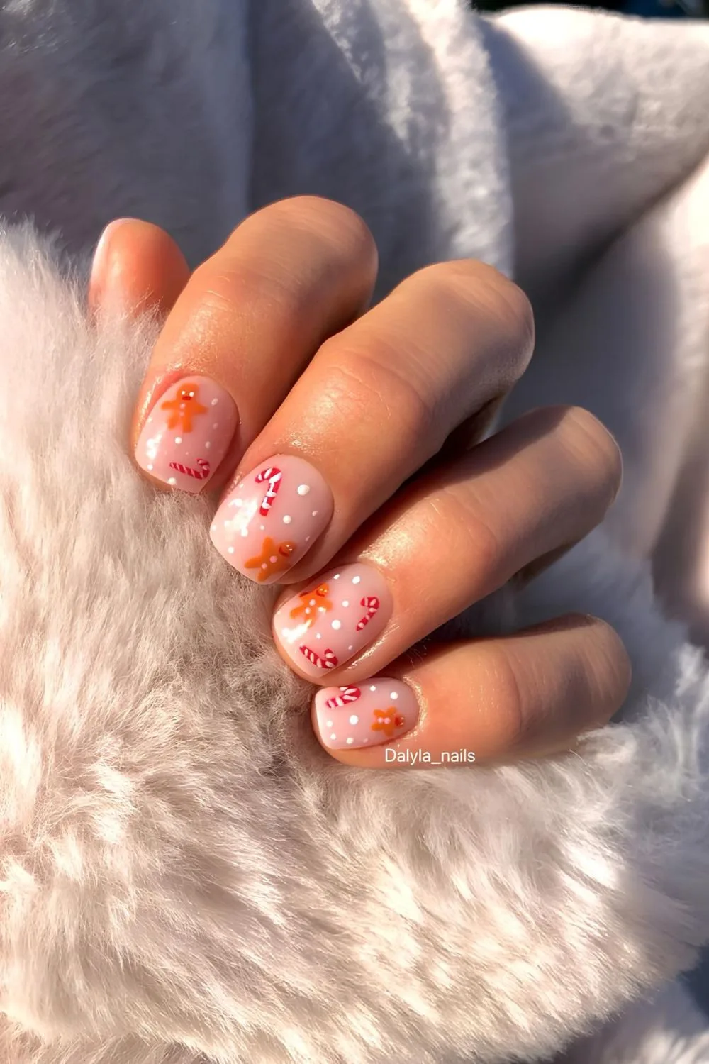 Nude short nails with gingerbread, candy canes and snow accents