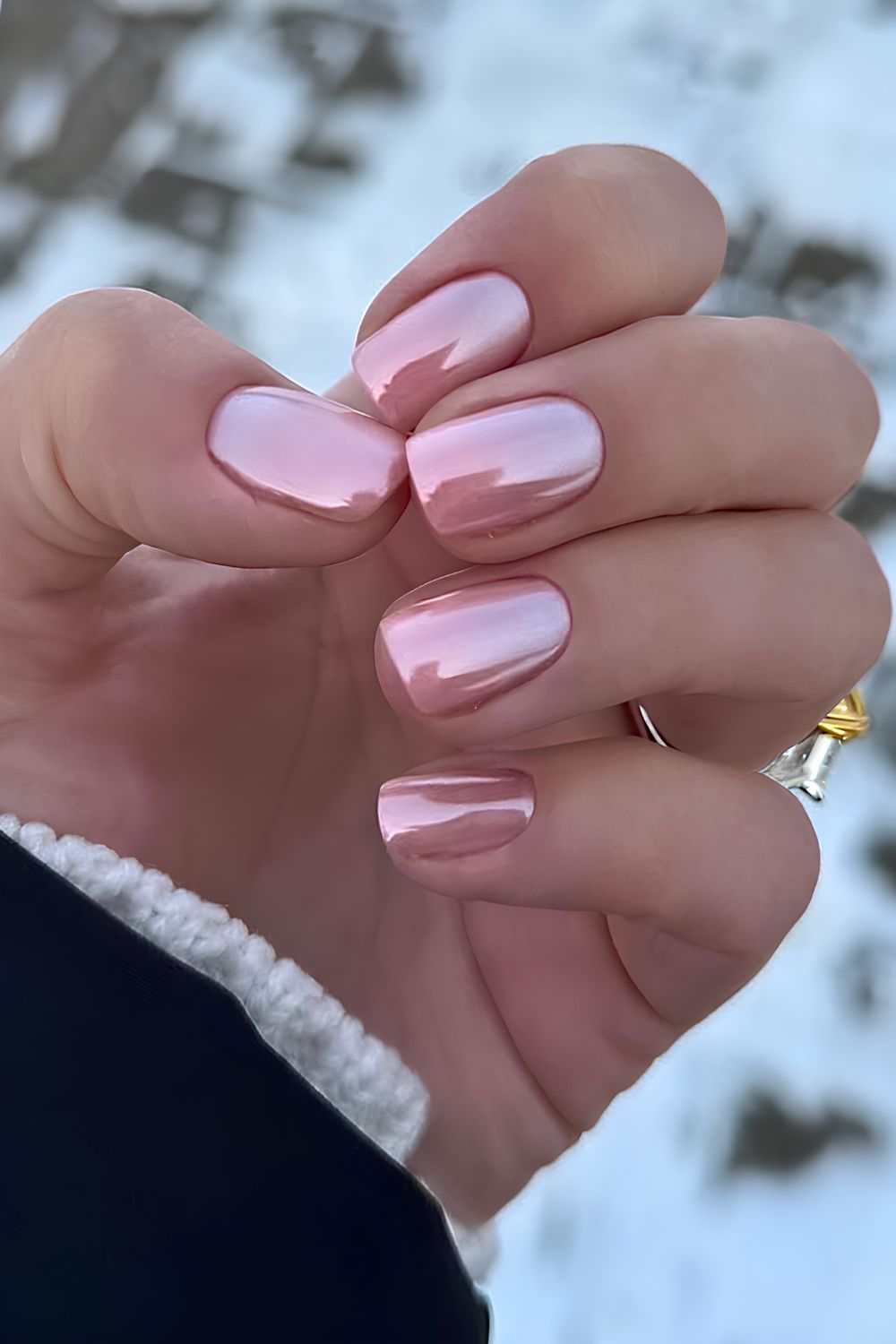 Pink chrome winter nails