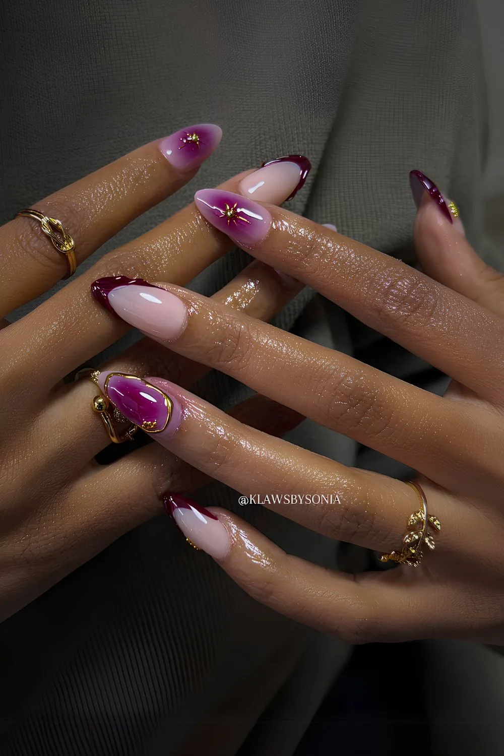 Purple and gold chrome mix and match nails