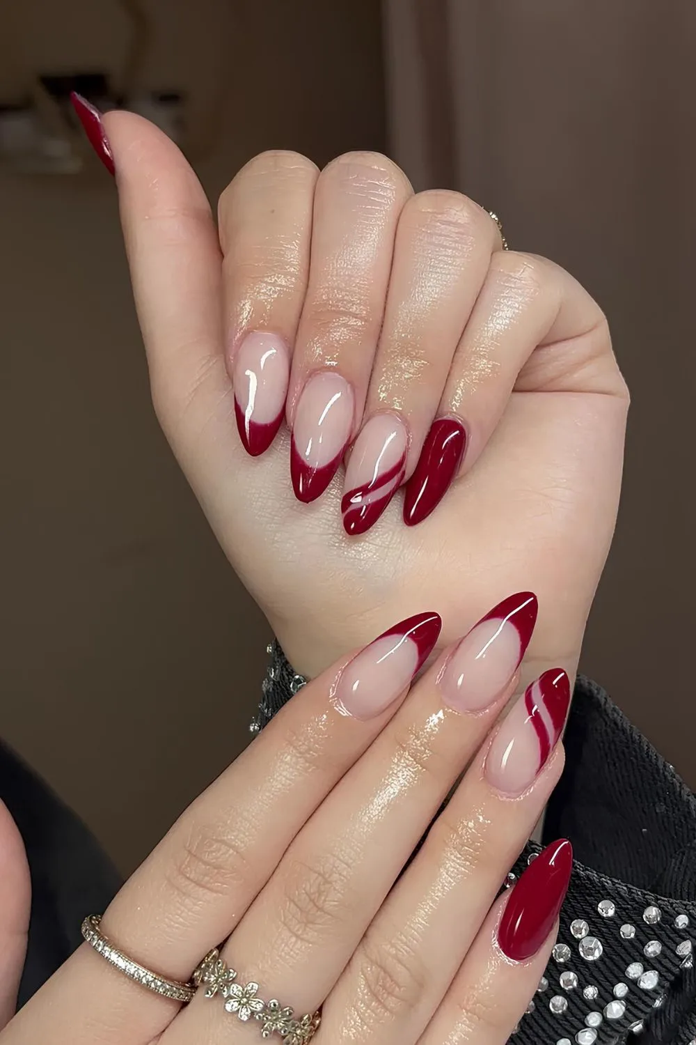 Red French mani with side tip accent