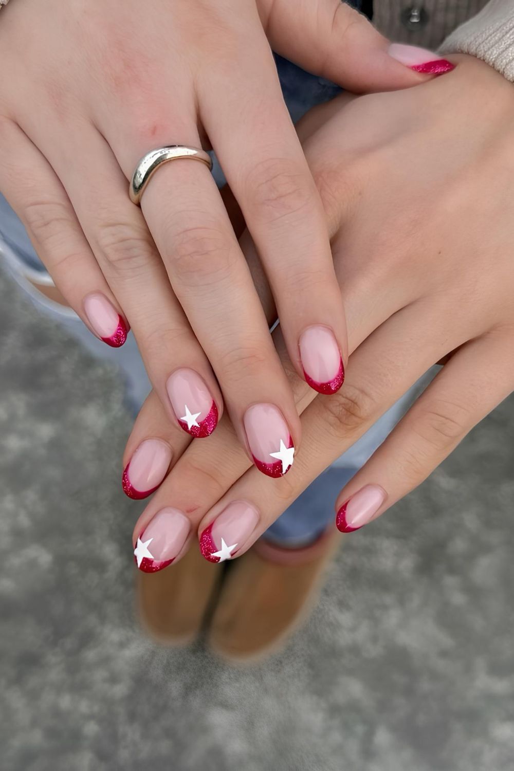 Red French nails with white stars