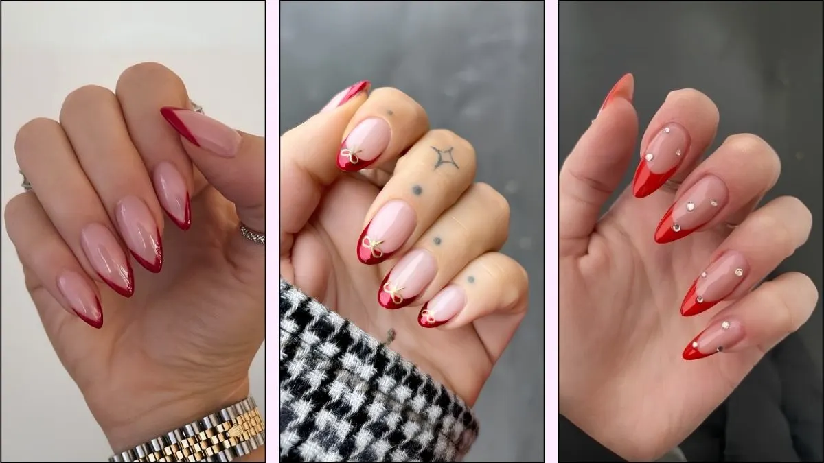 A collage of red French tip nail designs