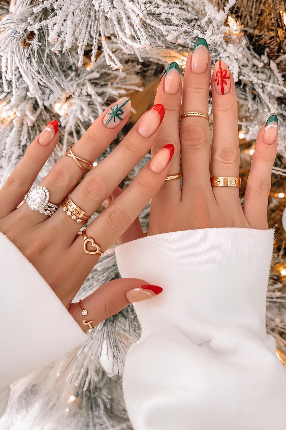 Red and green French nails with gift bow art