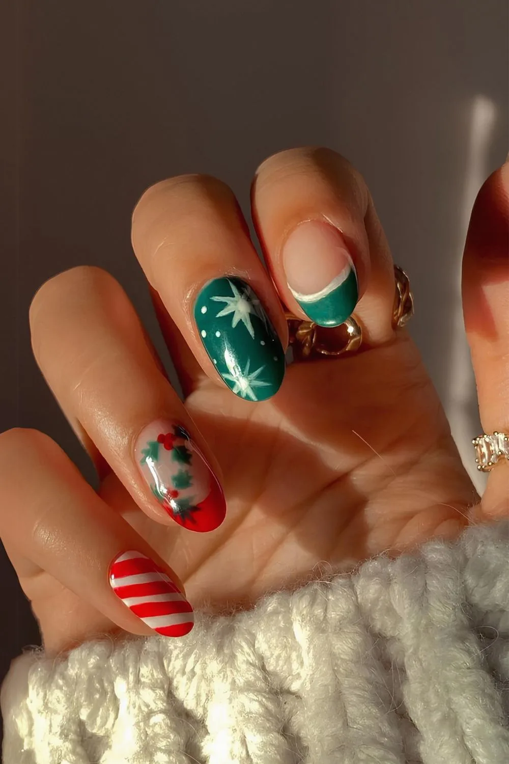 Red and green mix and match holiday nails