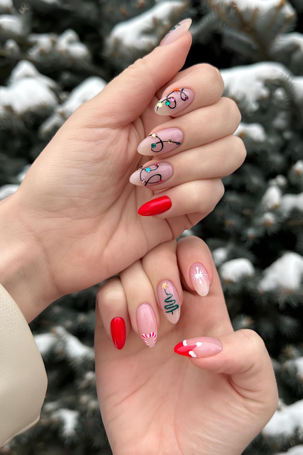 Red and green nails with fairy light art