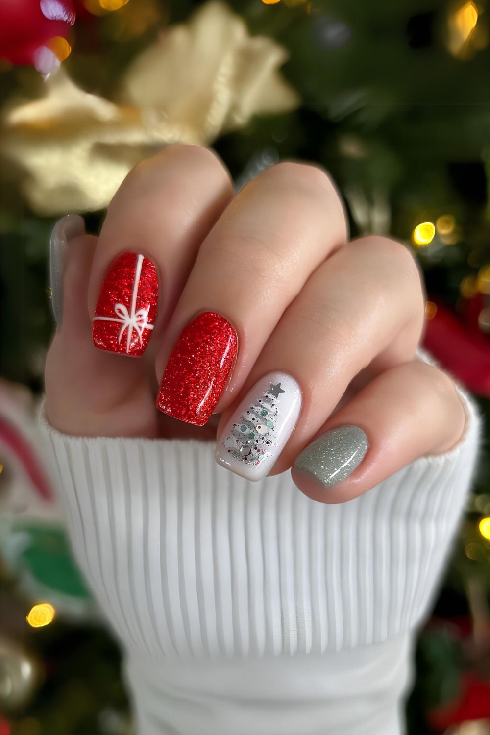 Red and sage green Christmas nails