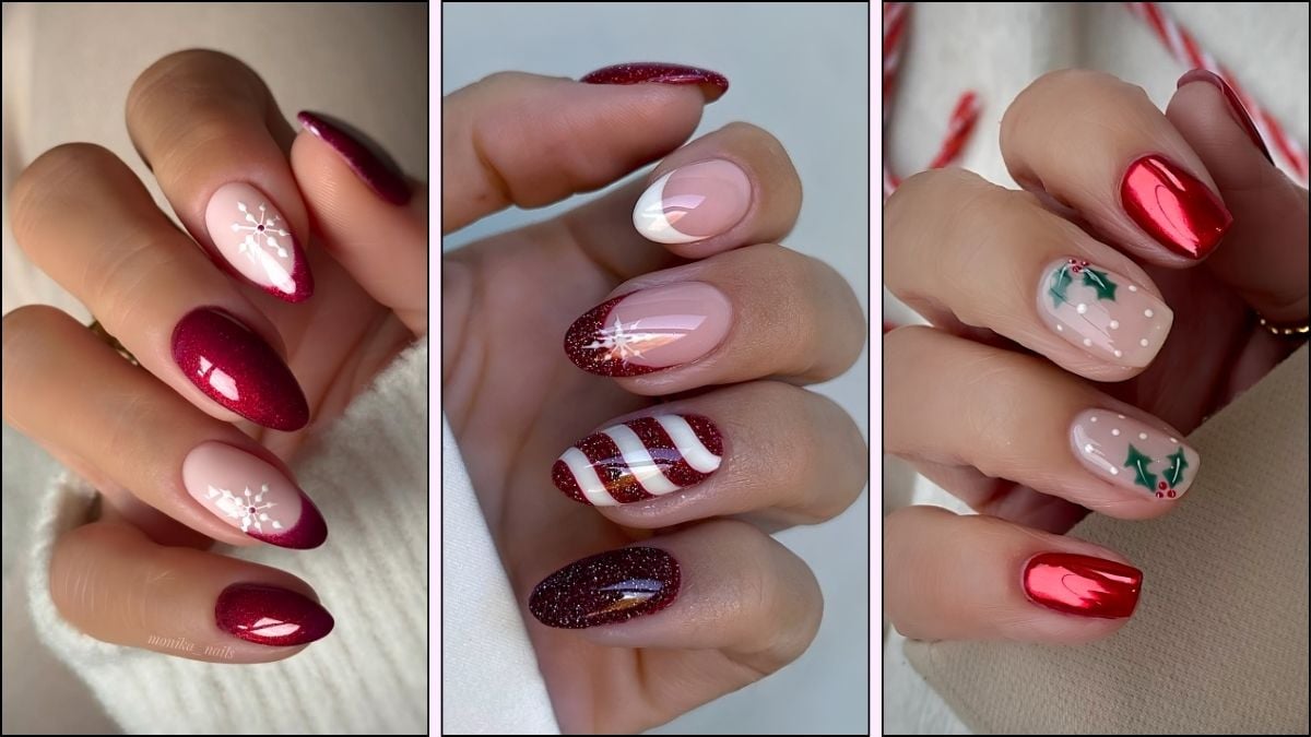 A collage of red and white Christmas nail designs