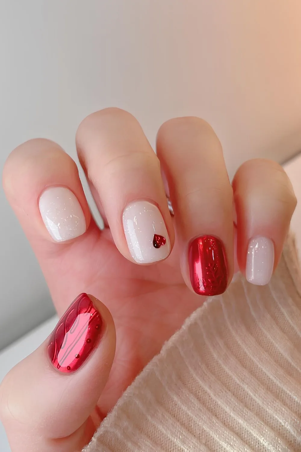 Red and white mani with heart and sweater pattern art