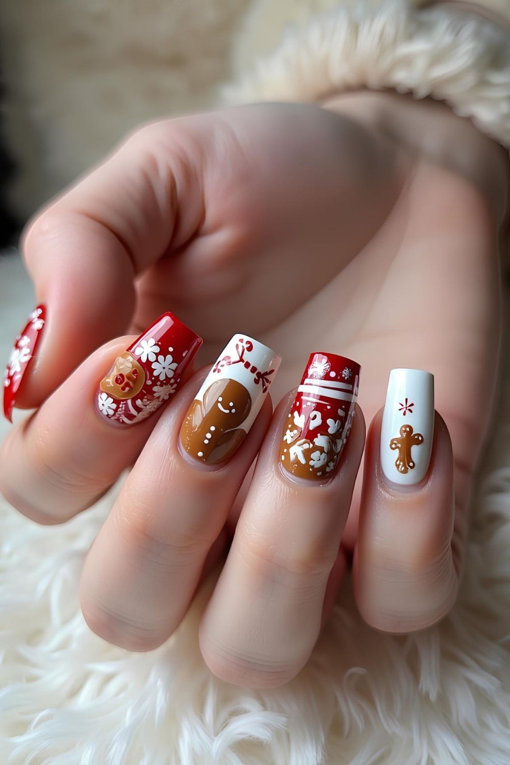 Red and white nails with gingerbread man accents