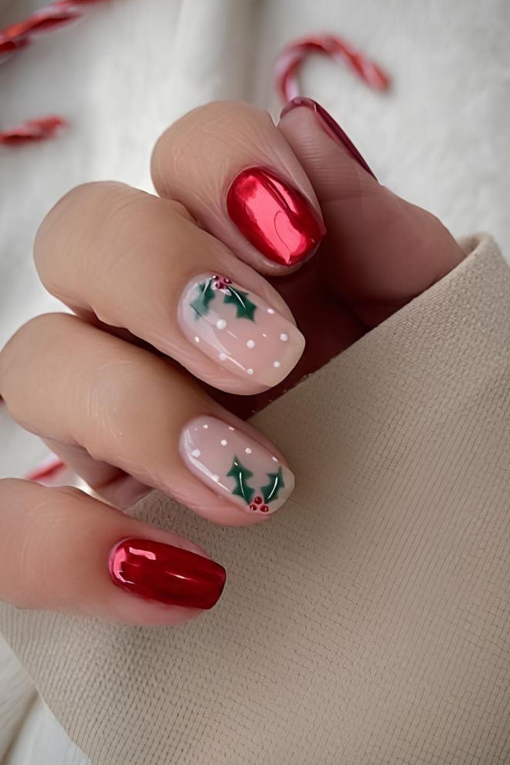 Red chrome nails with holly berry accents and white dots