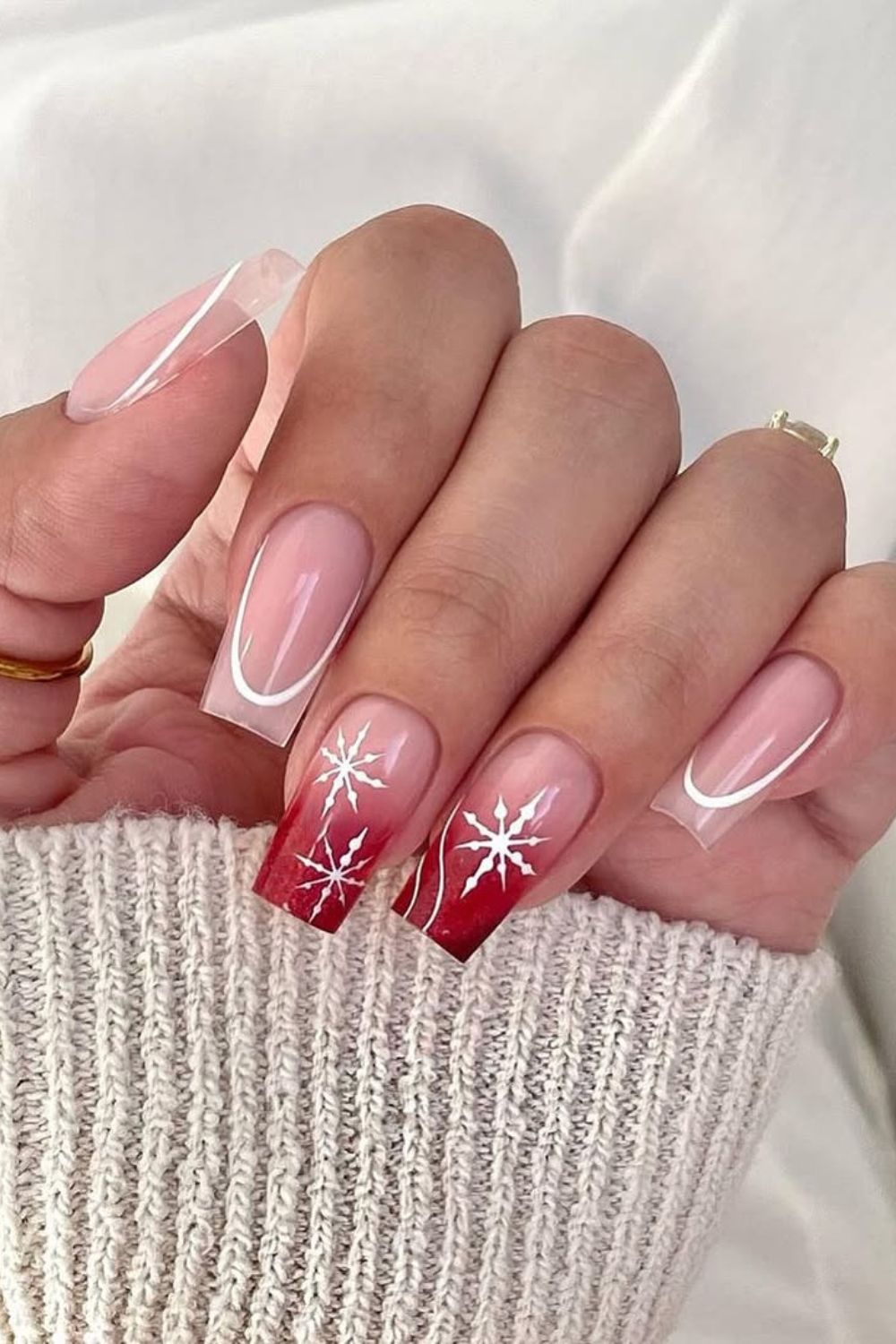 Red glitter ombre French tip nails with snowflakes