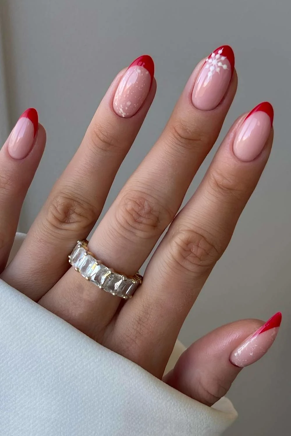 Red winter French mani with snowflakes