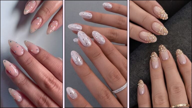 A collage of nail designs embellished with rhinestones
