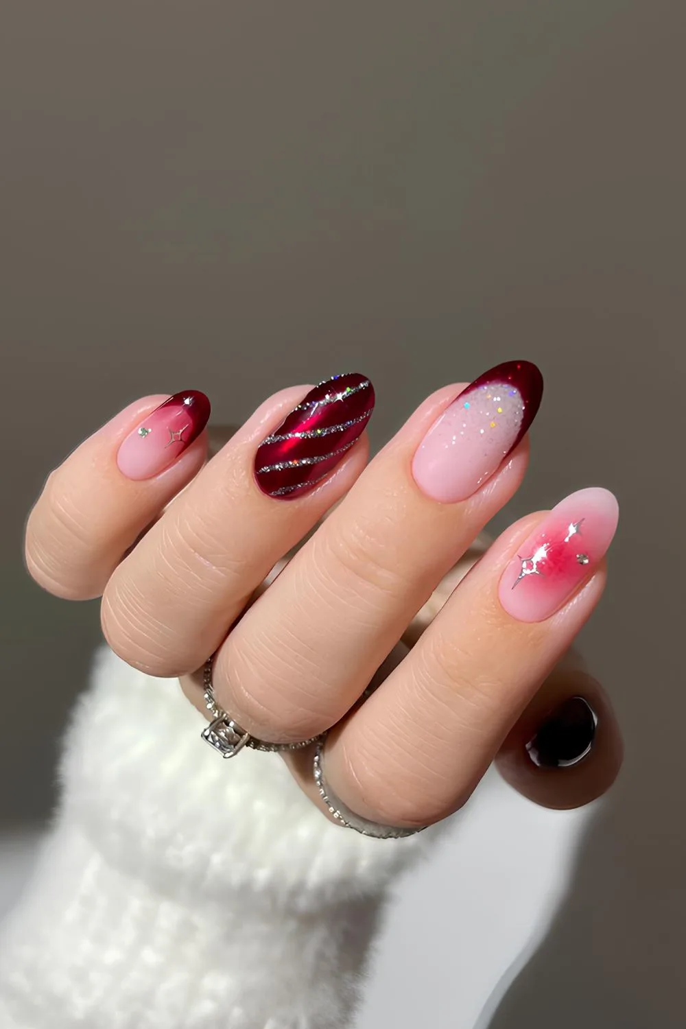 Ruby red and silver Christmas nails