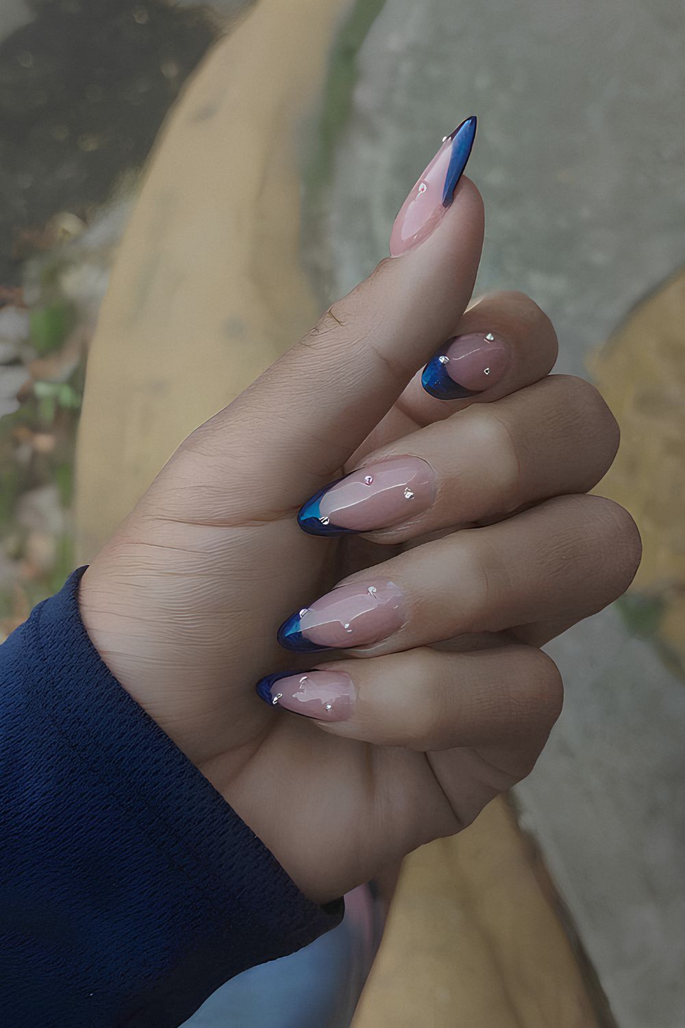 Sapphire blue French nails with rhinestones