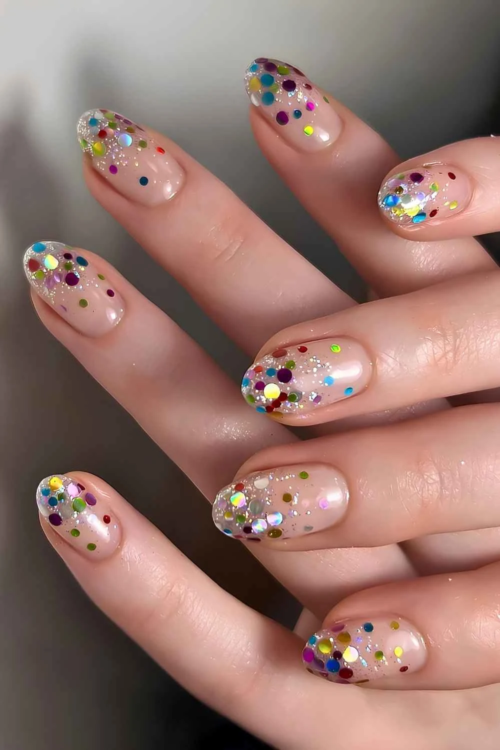 Sheer nails with colorful confetti glitter
