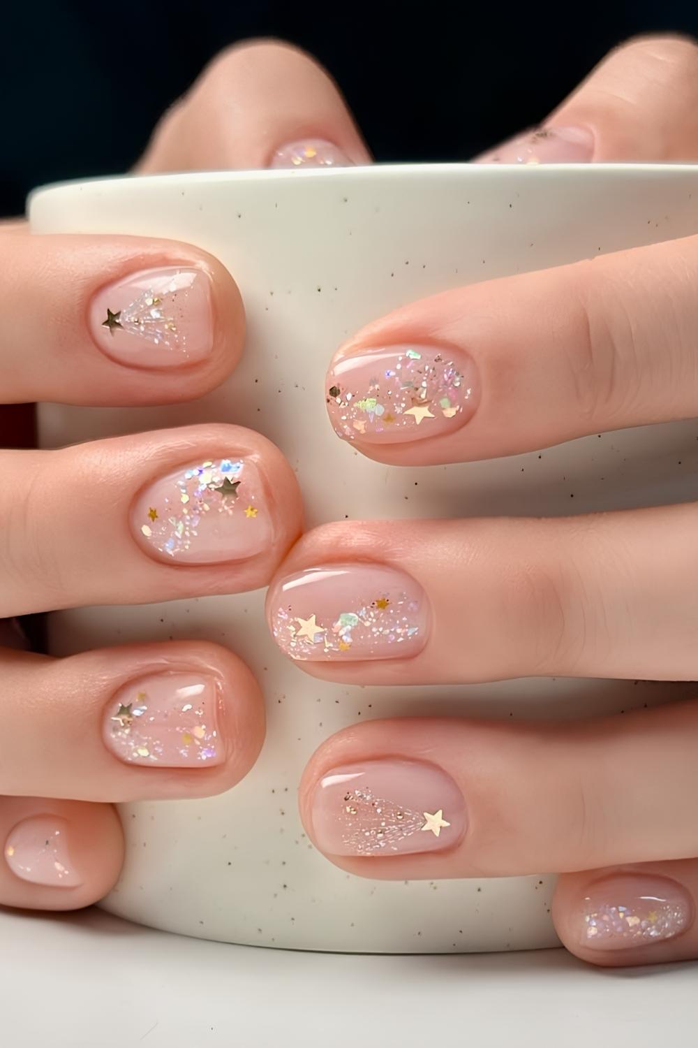 Sheer nails with glitter Christmas tree art