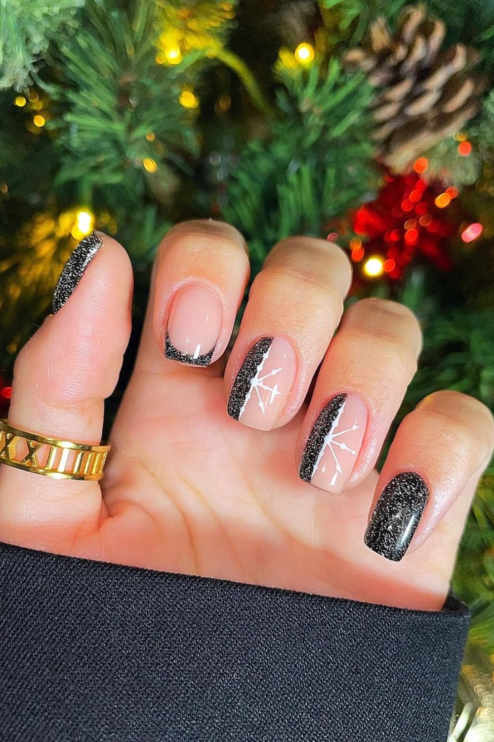 Shimmery black half-sies Christmas nails