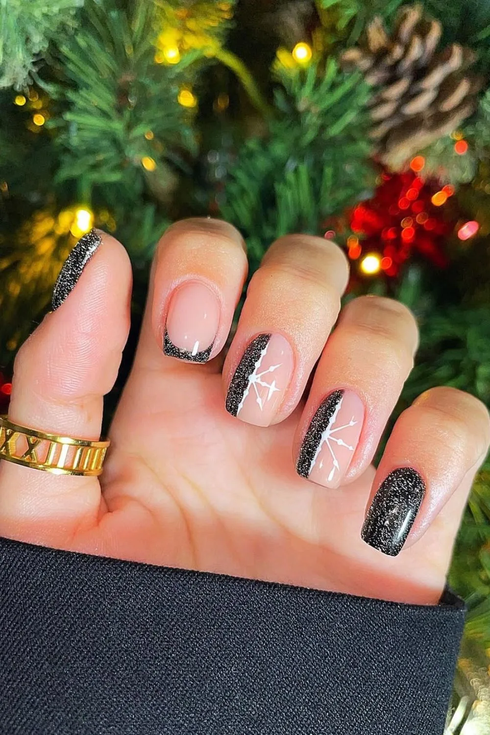 Shimmery black half-sies Christmas nails