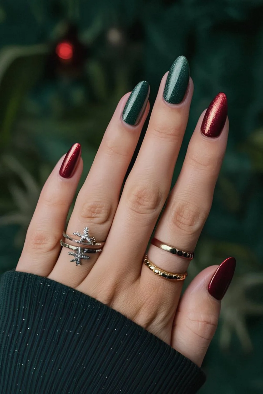 Shimmery red and green nails