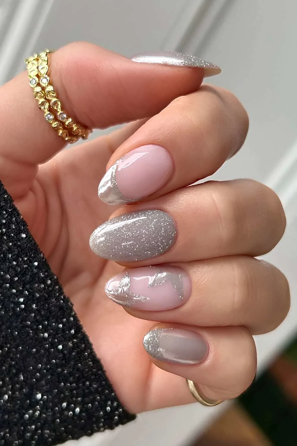 Shimmery silver nails with star art