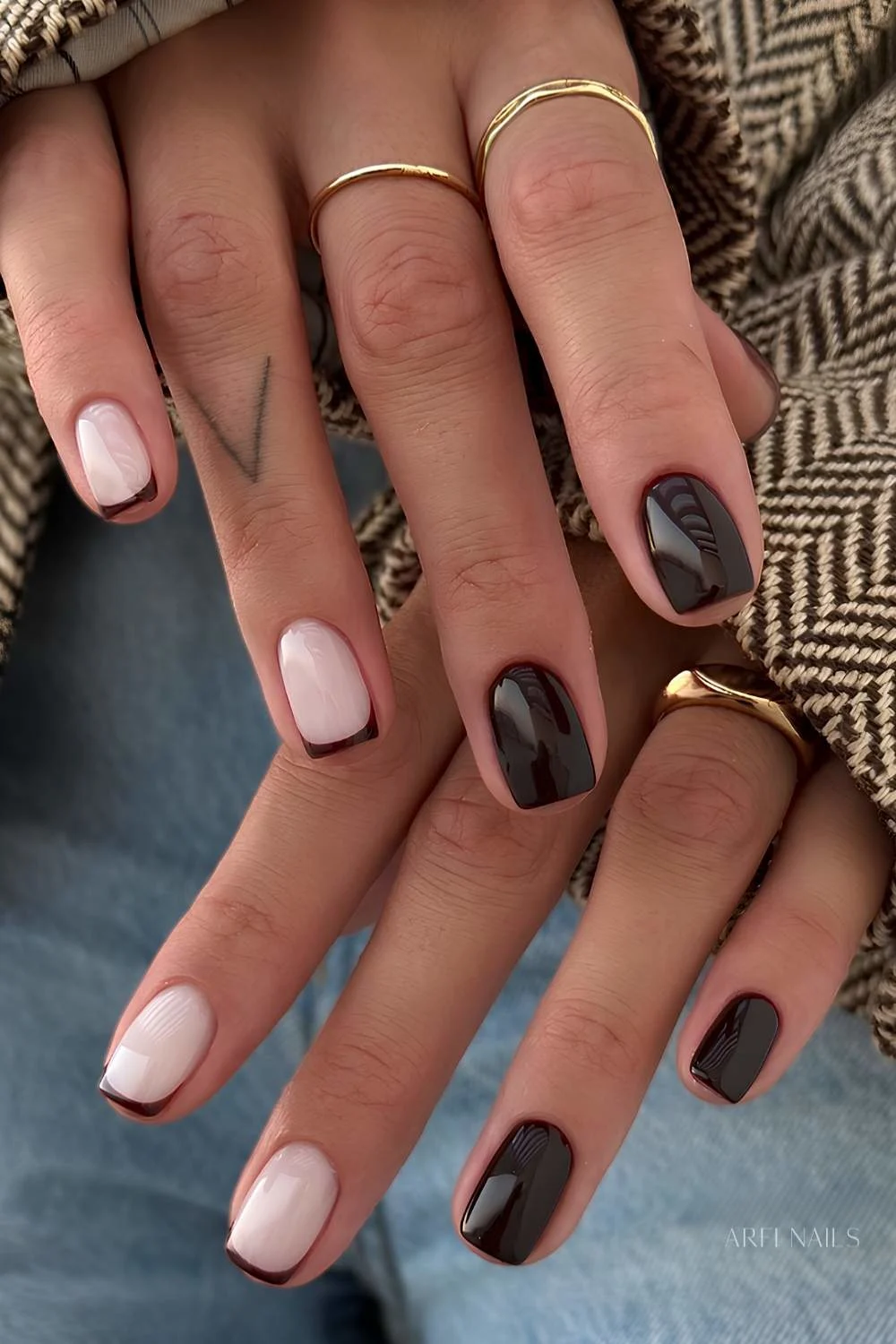Short dark brown nails with accent French tips
