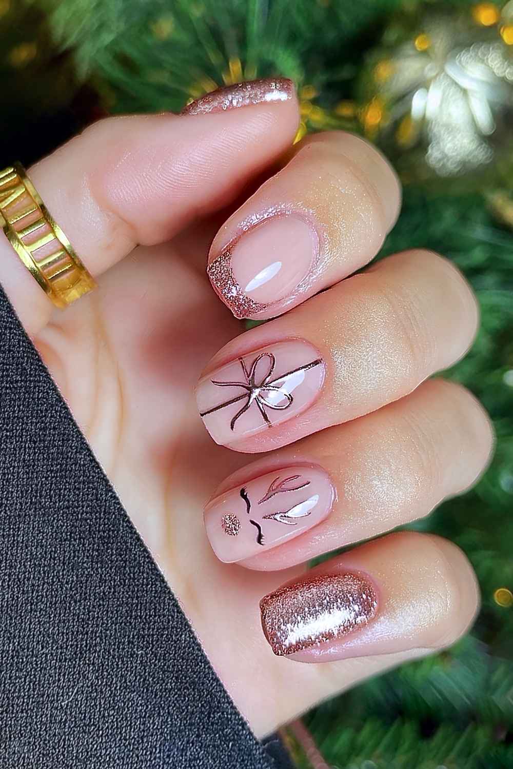 Short gold Christmas nails with Rudolph art