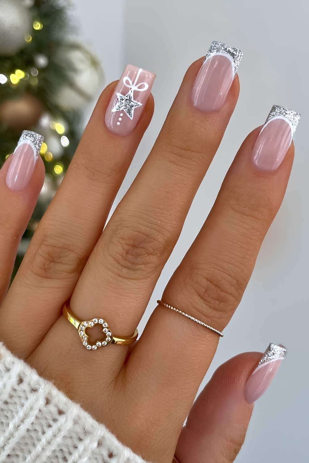 Silver French mani with Christmas ornament art