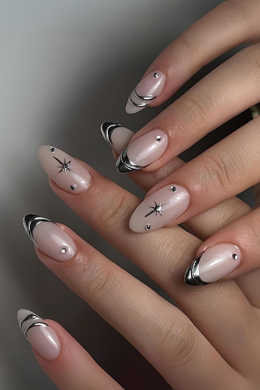 Silver French nails with celestial accents