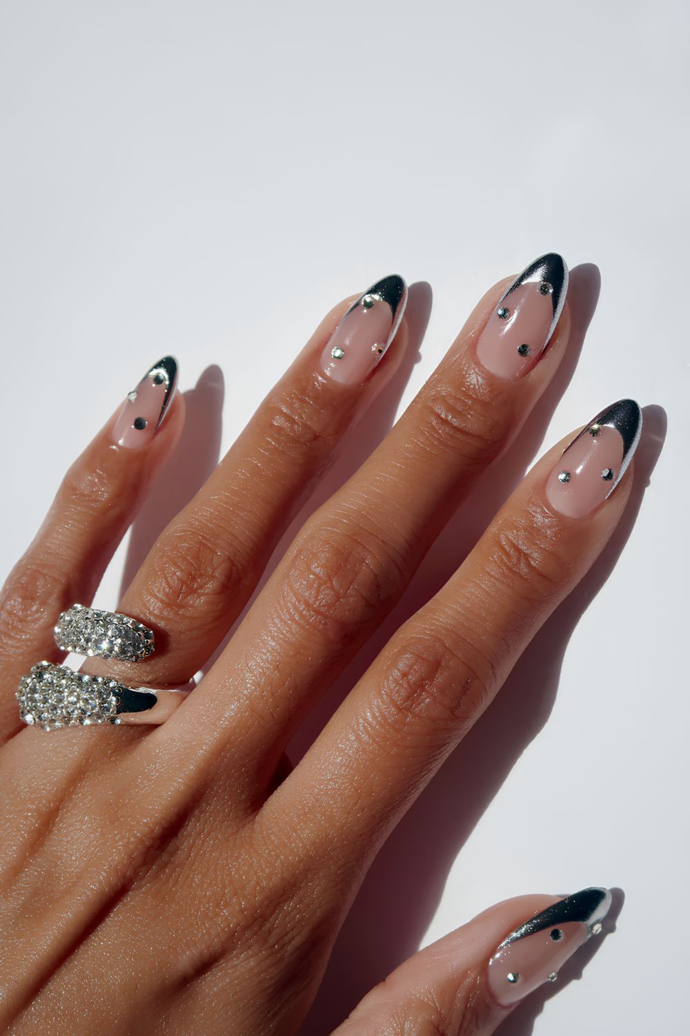 Silver French nails with rhinestones