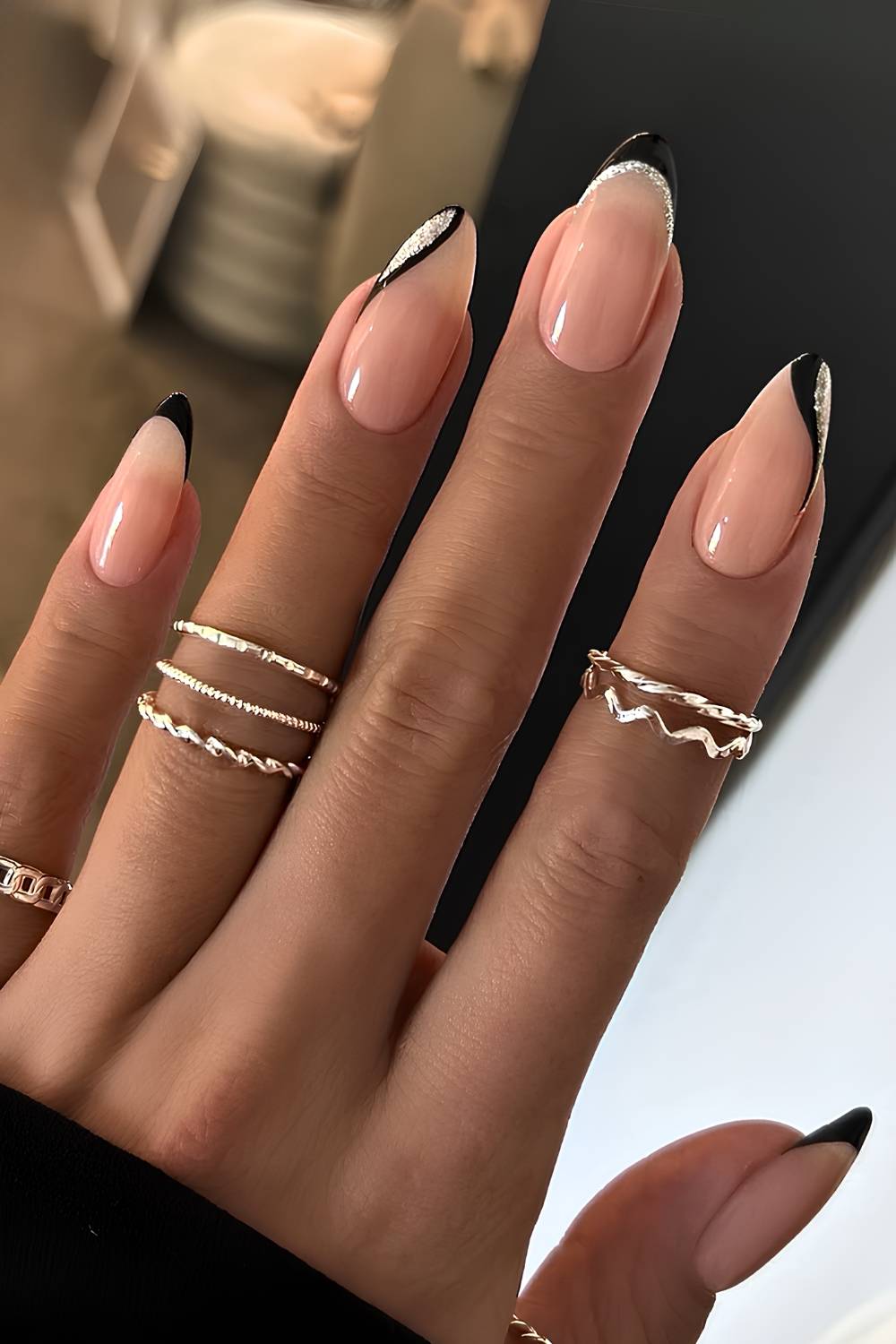 Silver and black diagonal French manicure