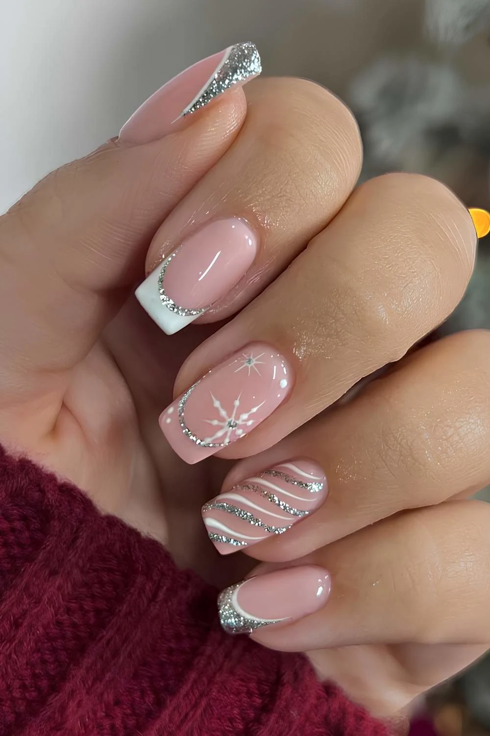 Silver and white Christmas themed nails