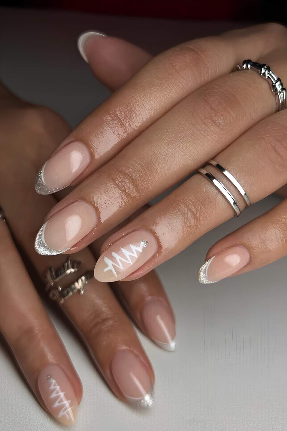 Silver cat eye French mani with Christmas tree art