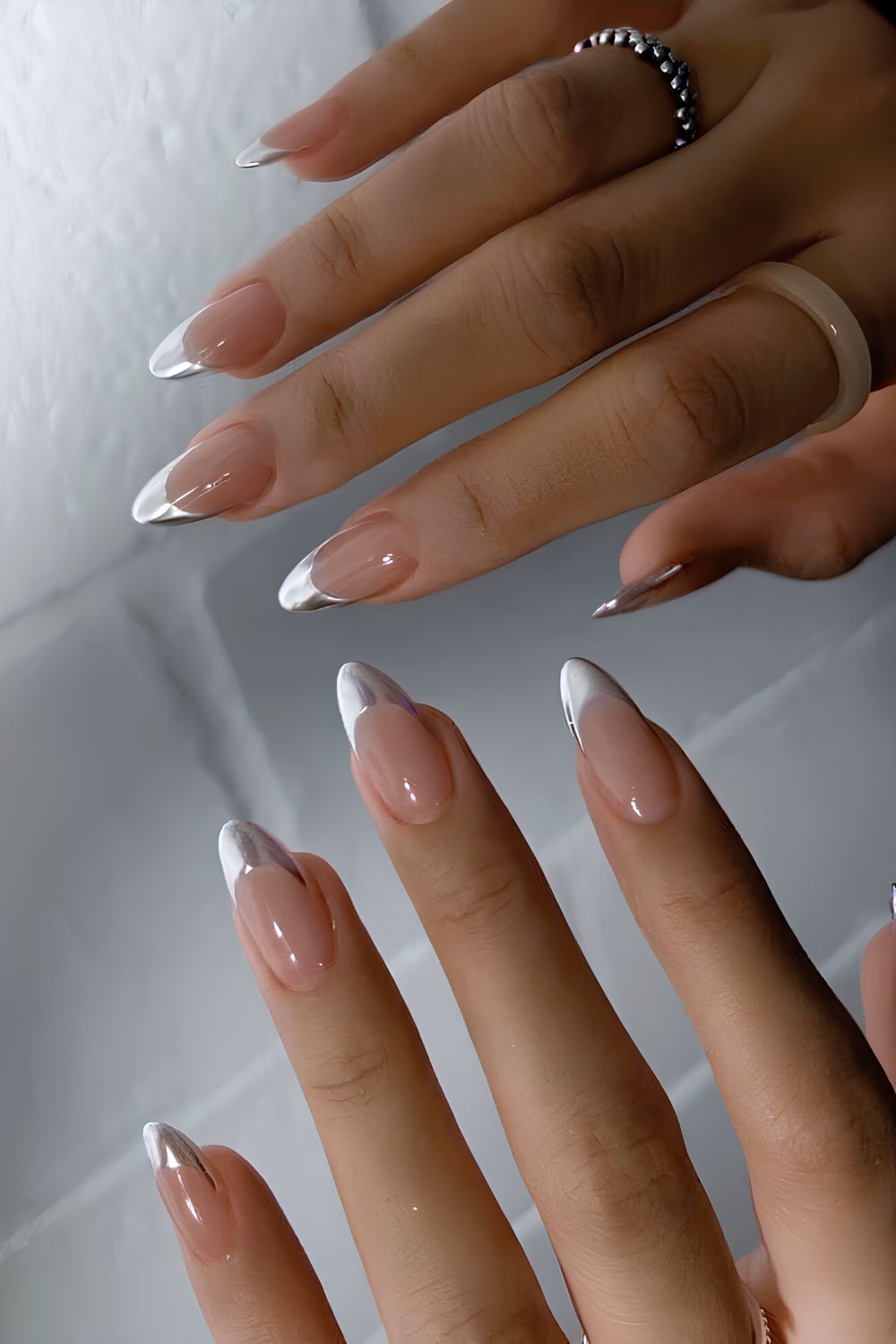 Silver classic French tip mani