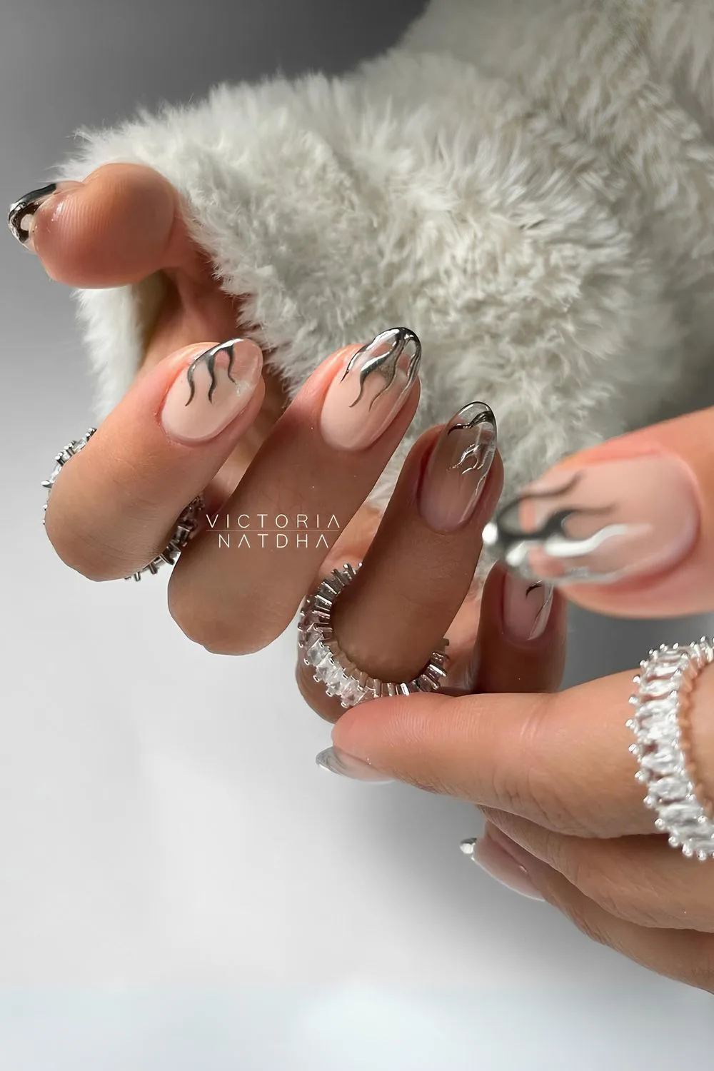 Silver flame French tip nails