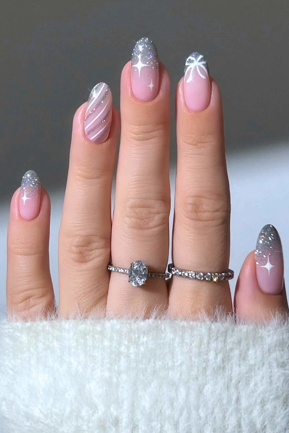 Silver glitter Christmas themed nails