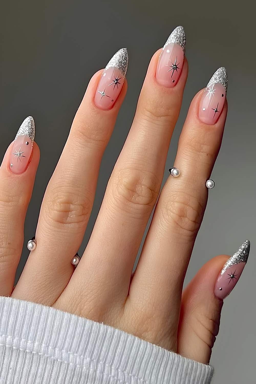Silver glitter French mani with celestial art