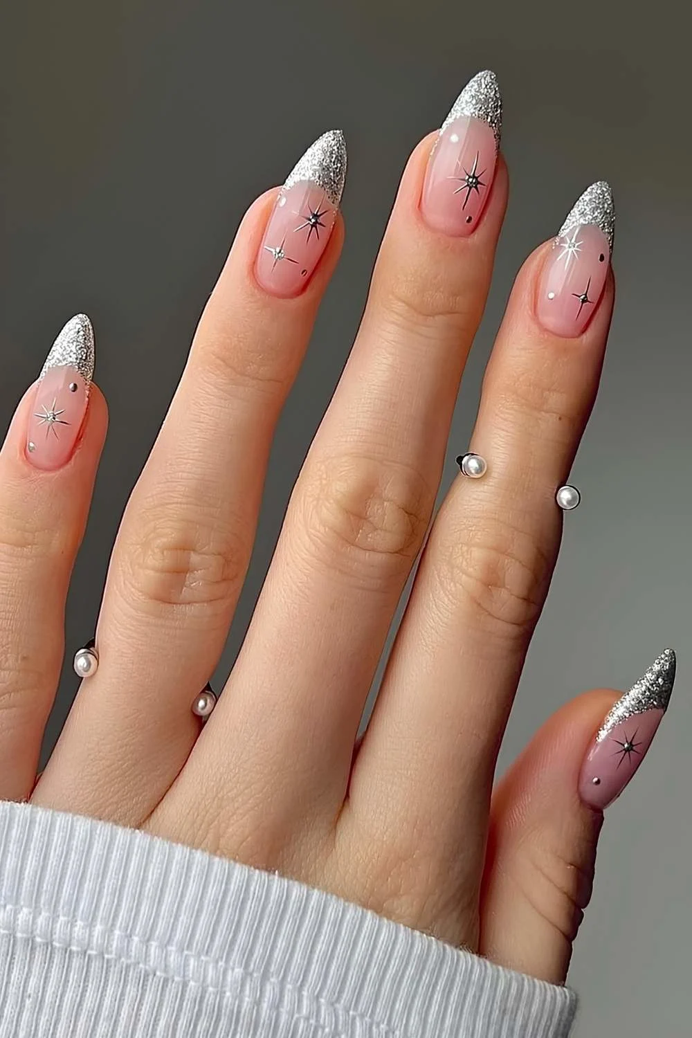 Silver glitter French mani with celestial art