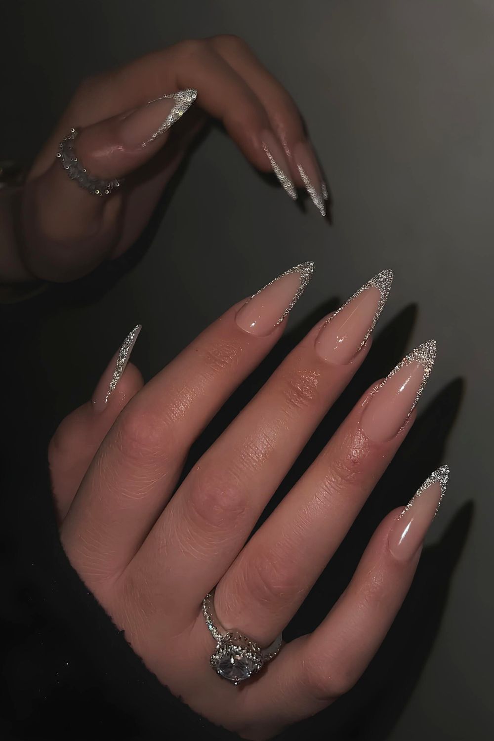 Silver glitter French tip mani