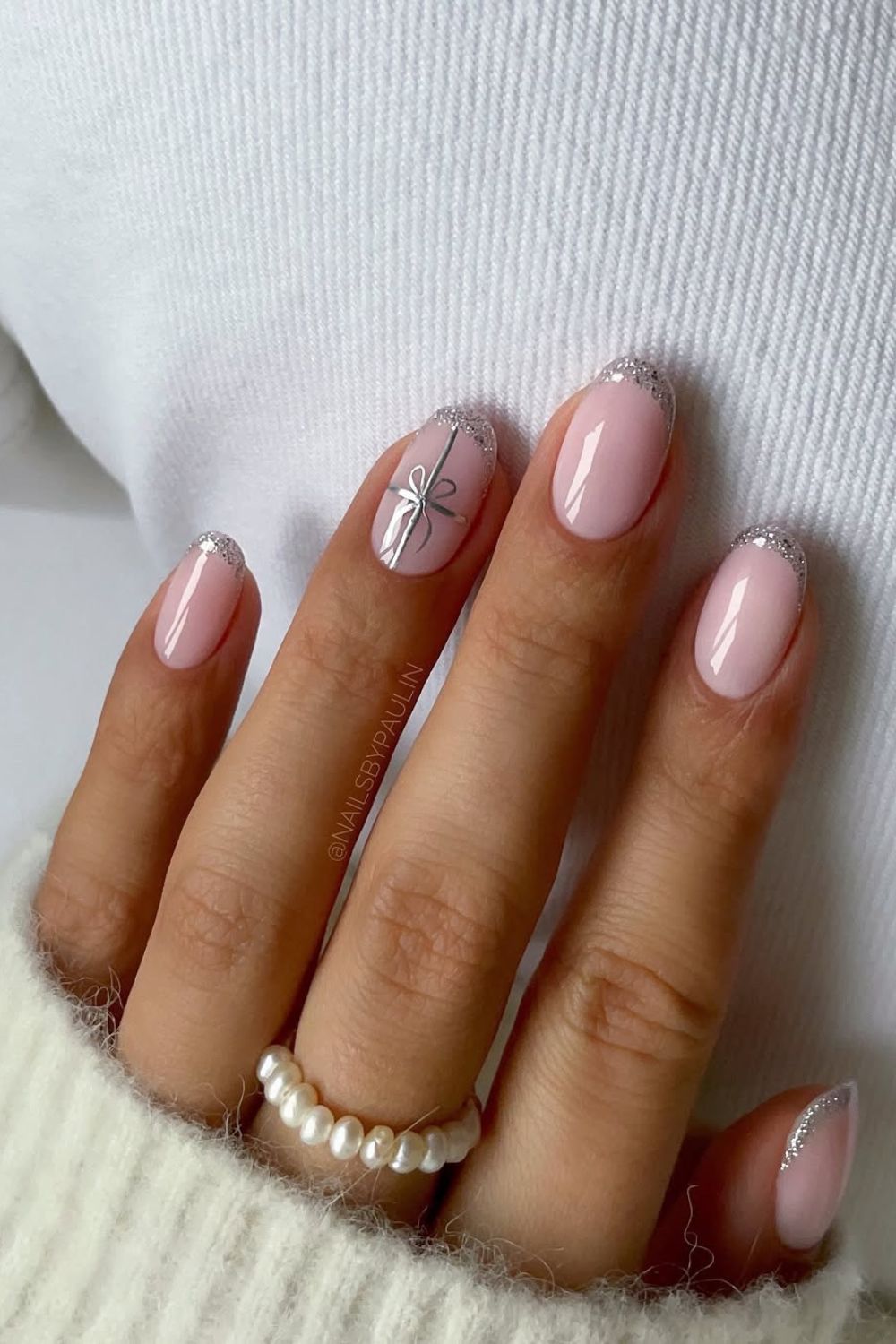 Silver glitter French tip nails with ribbon