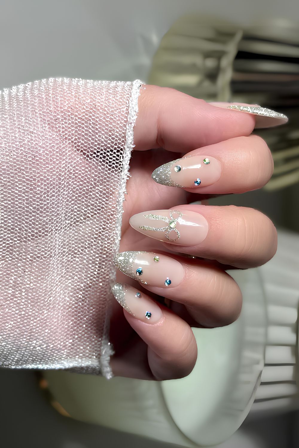 Silver glitter coquette nails