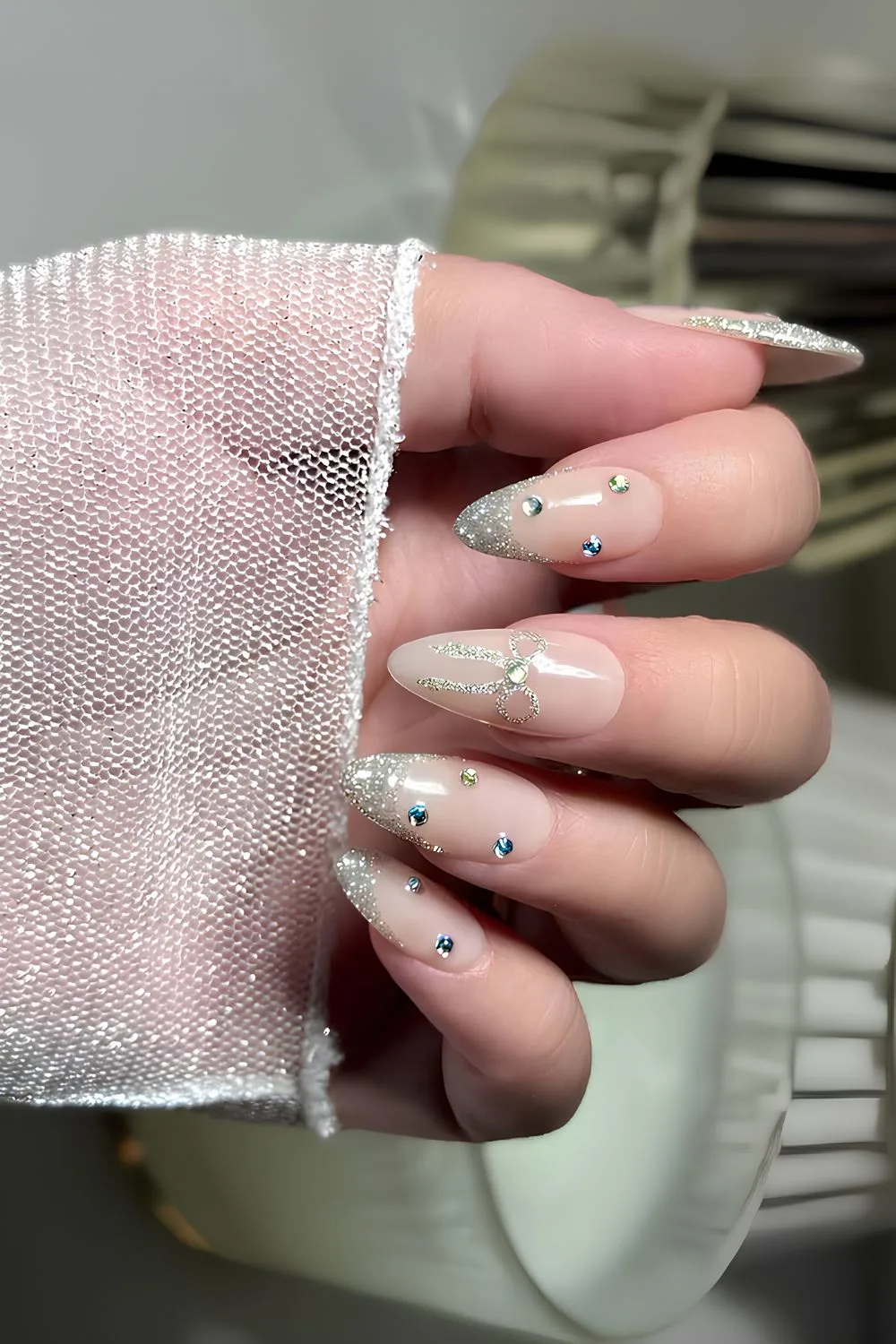 Silver glitter coquette nails