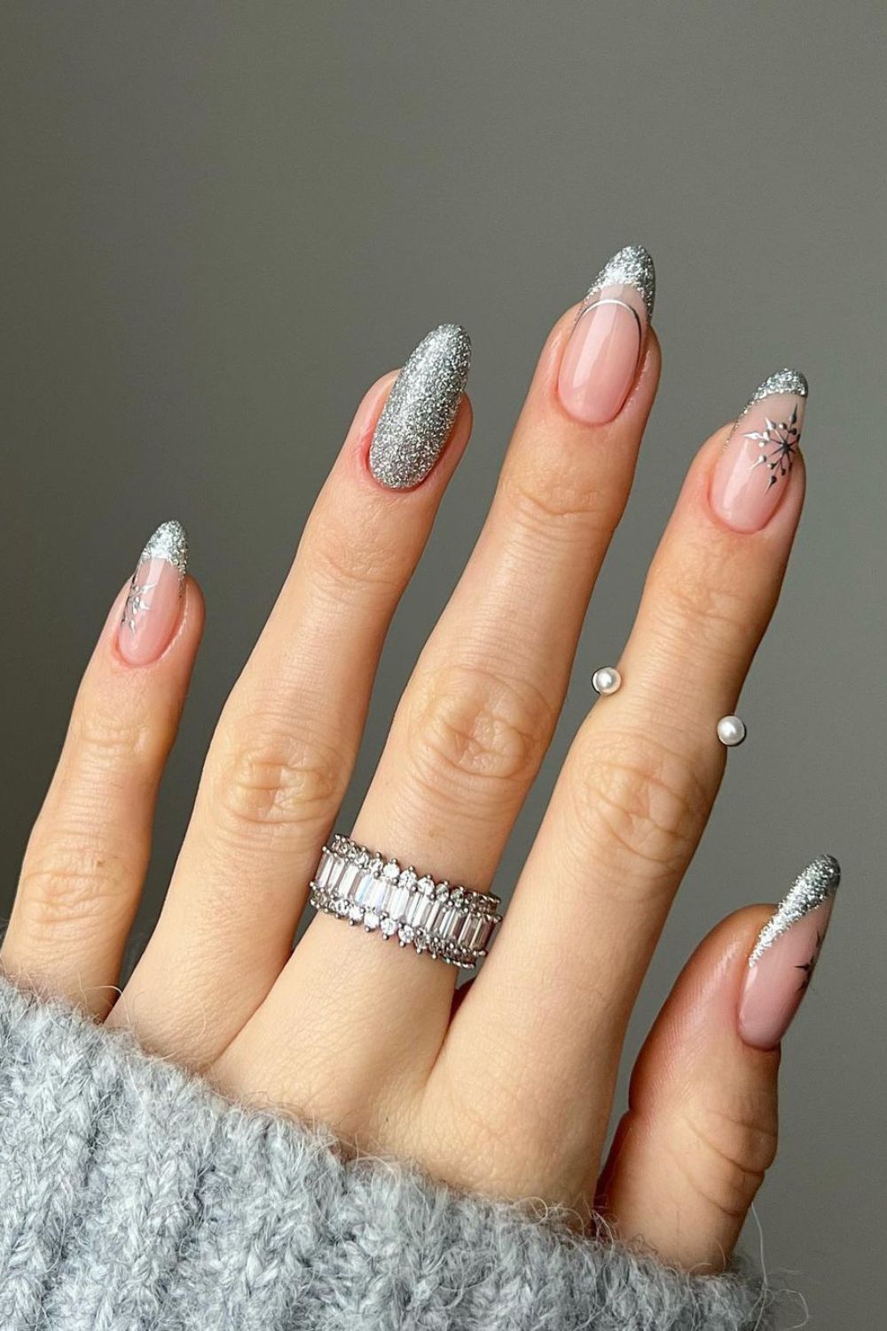 Silver glitter snowflake nails