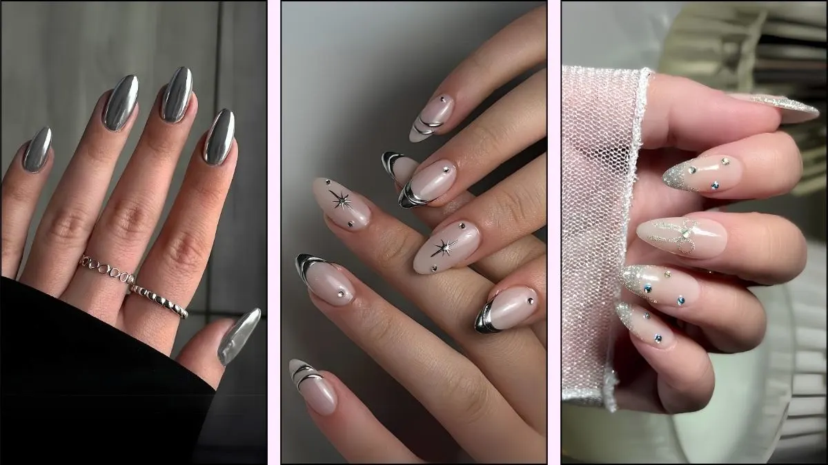 A collage of silver nail designs