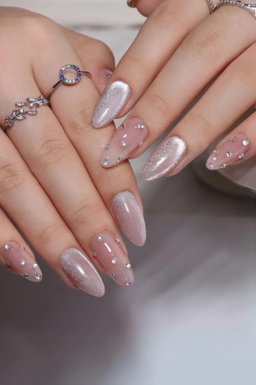 Silver velvet mani with rhinestones