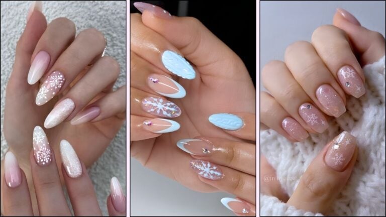 A collage of nail designs with snowflakes