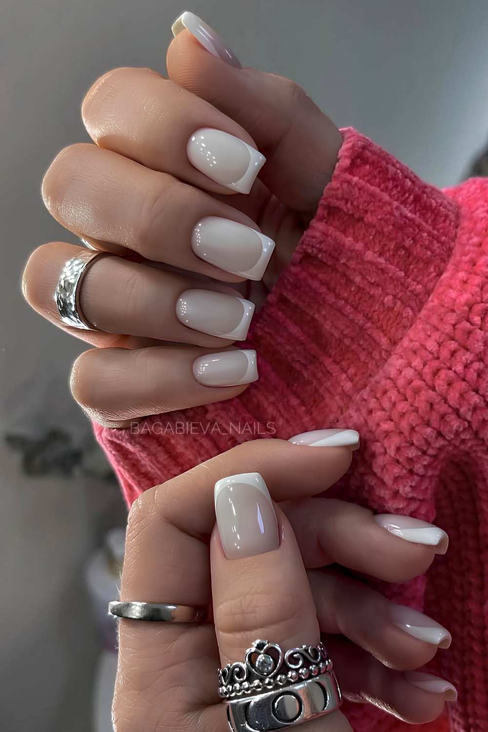 Square white French mani on a milky base