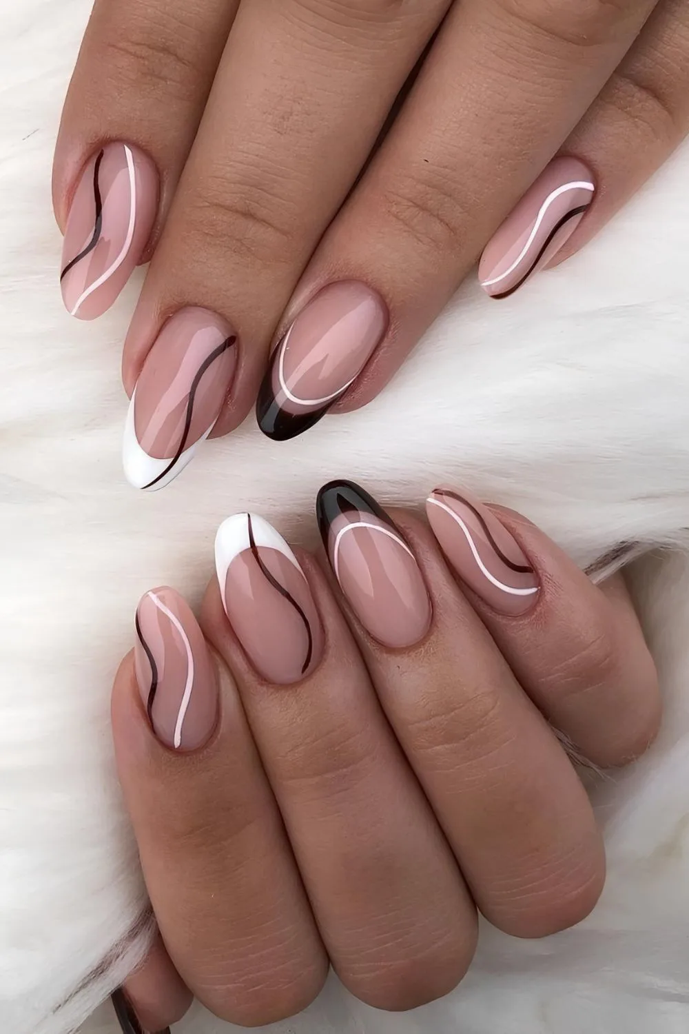 Swirly black and white French tip nails