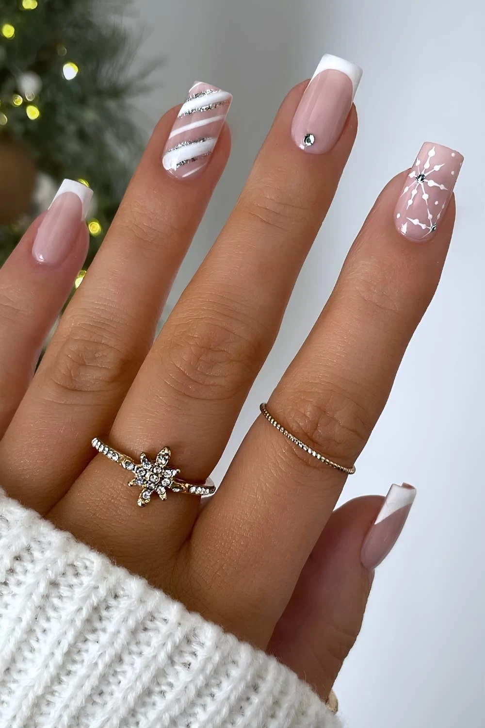 White Christmas French mani with silver details